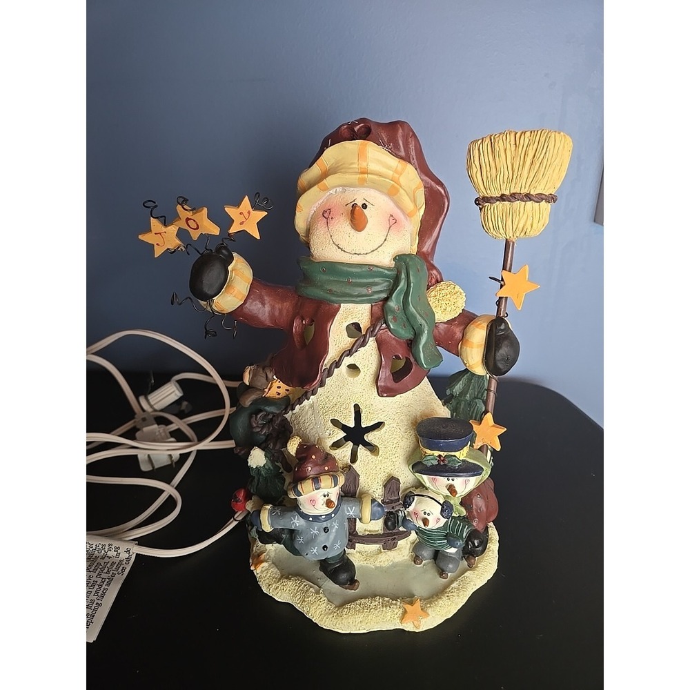 Henton Vintage Ceramic Lighted Snowman With Santa Hat & Baby Snowmen Skating